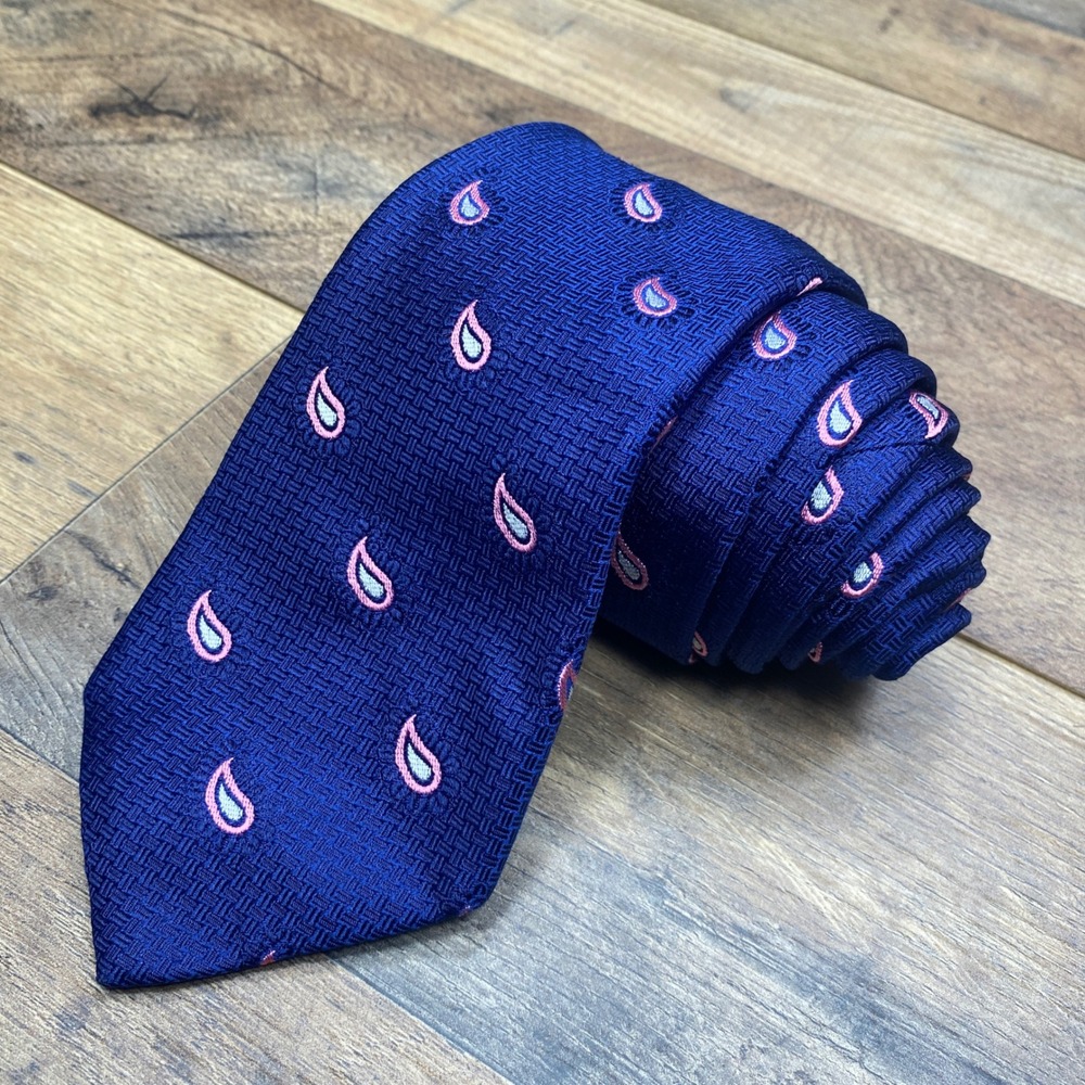 Oxxford Clothes Silk Necktie Mens Navy Blue Pink Paisley Handmade USA Business
